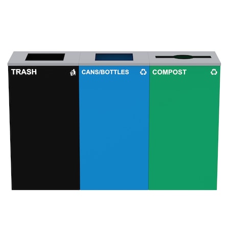 Alpine Industries 87 Gal. 3-Stream Steel Blue Cans & Bottles, Green Compost, and Black Commercial Trash Can Station ALP4450-BLK-KIT25